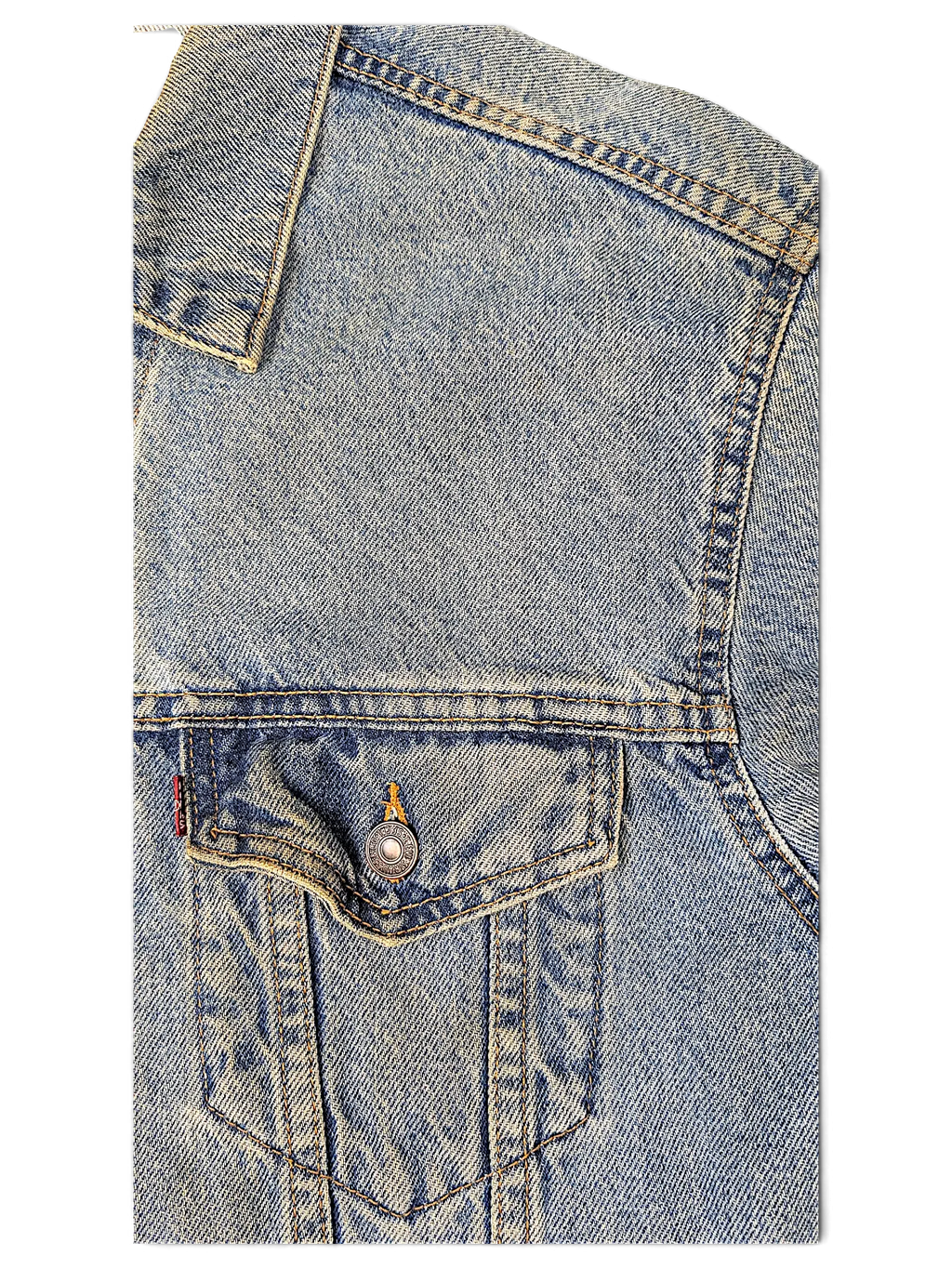 JAKE & IPI Levi's Strauss distressed light blue denim jacket with a buttoned chest pocket and classic stitching.