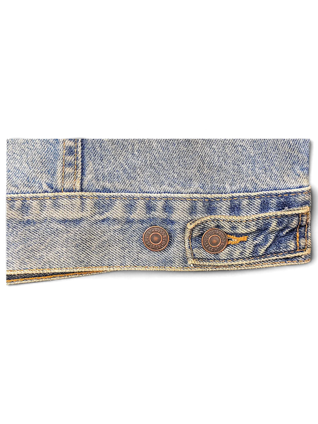 JAKE & IPI Levi's Strauss distressed light blue denim jacket with copper button detail on the hem