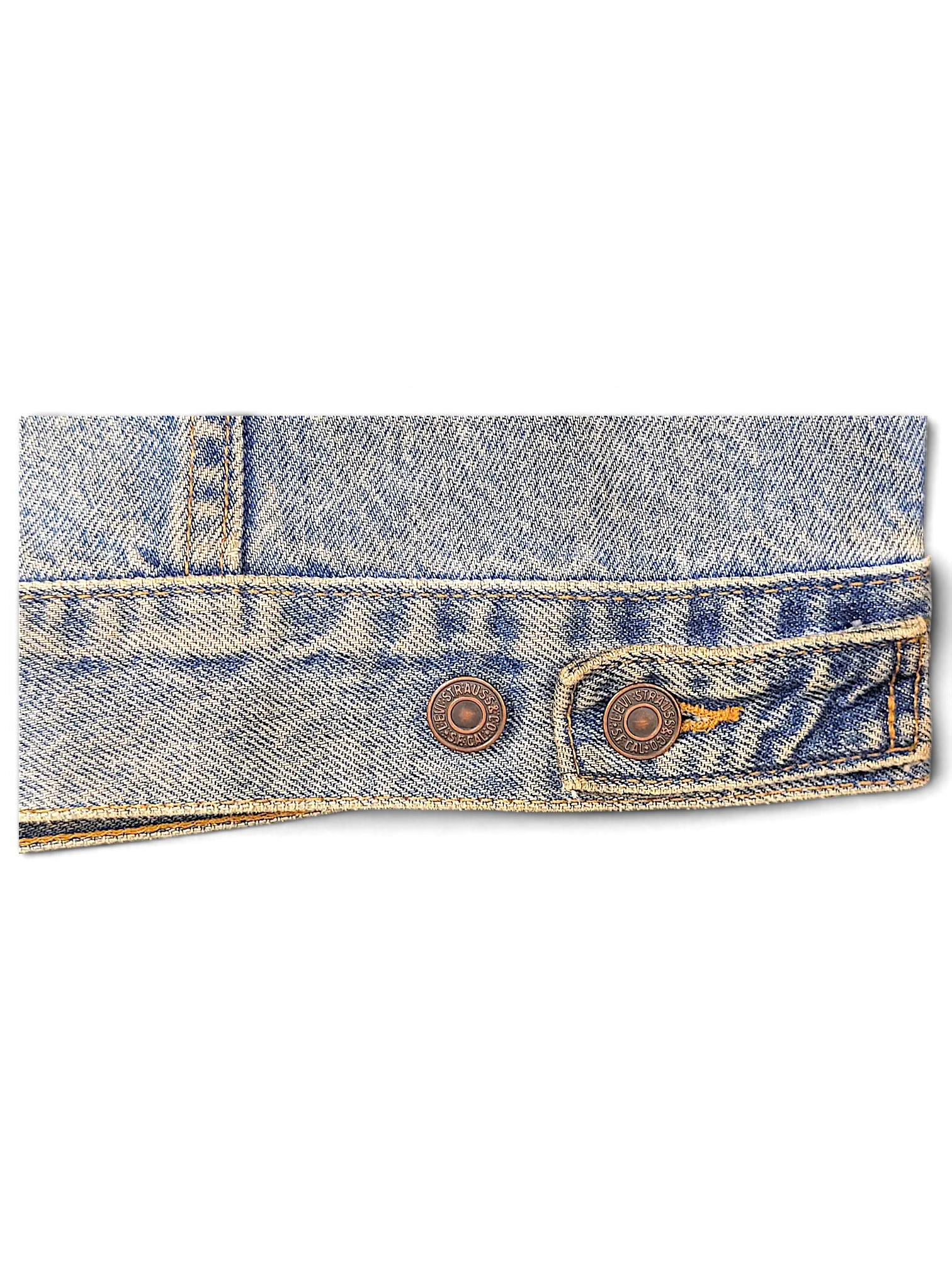 JAKE & IPI Levi's Strauss distressed light blue denim jacket with copper button detail on the hem