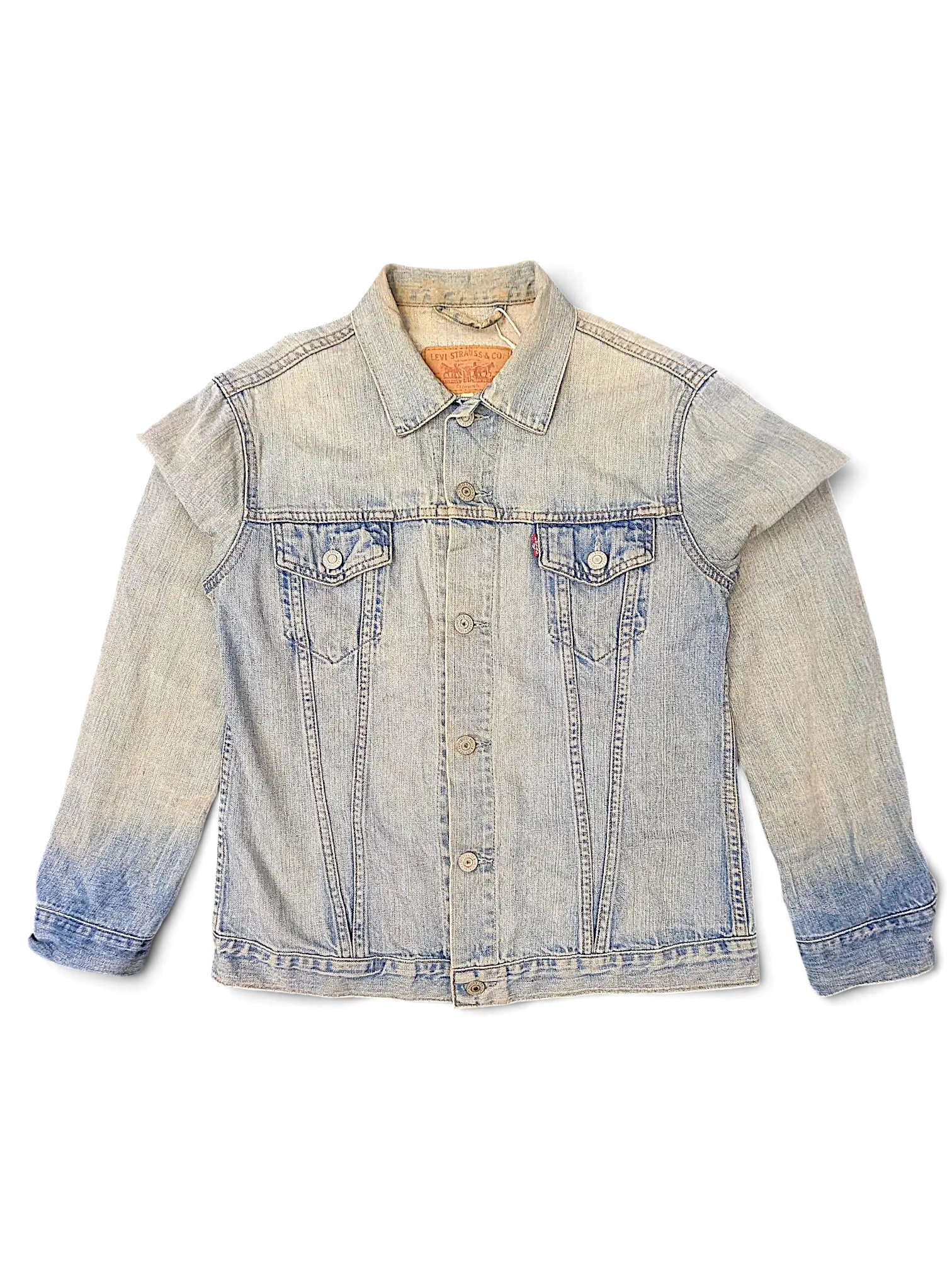 JAKE & IPI Levi's light wash distressed denim jacket with button-up front and chest pockets