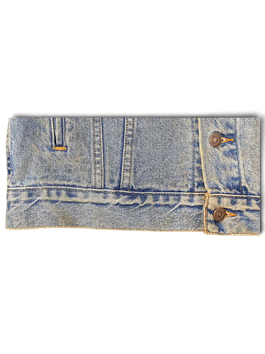JAKE & IPI Levi's Strauss distressed light wash blue denim jacket with metal button closure and frayed hem detail.