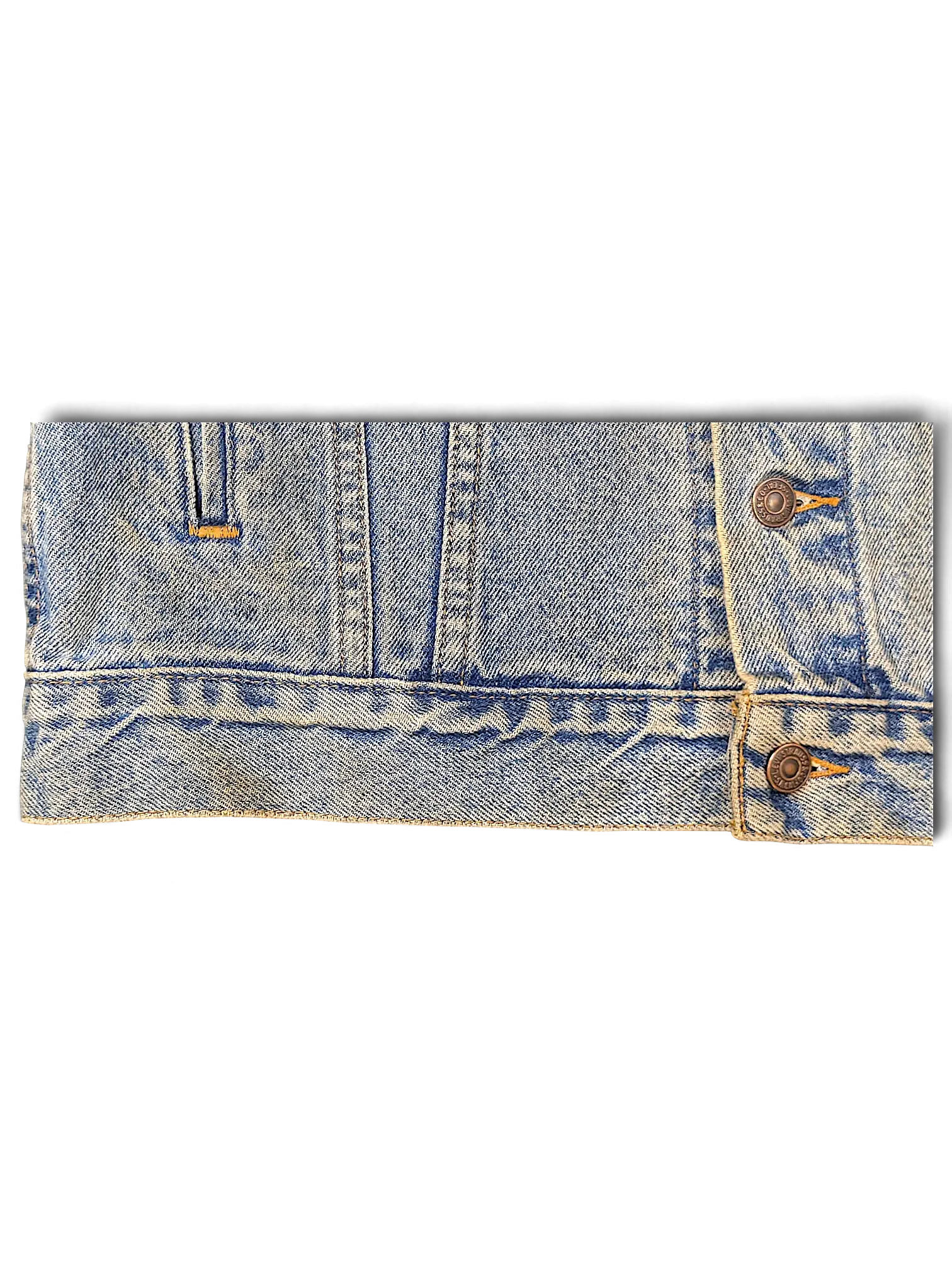 JAKE & IPI Levi's Strauss distressed light wash blue denim jacket with metal button closure and frayed hem detail.