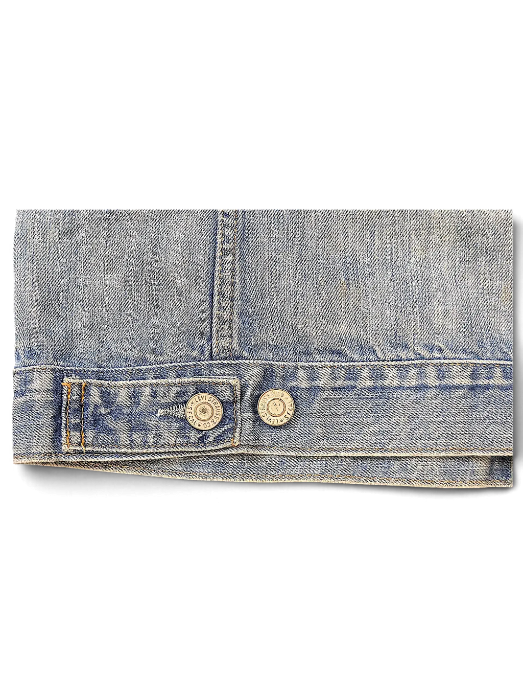 JAKE & IPI Levi's distressed light wash denim jacket featuring branded metal buttons and classic stitching detail.