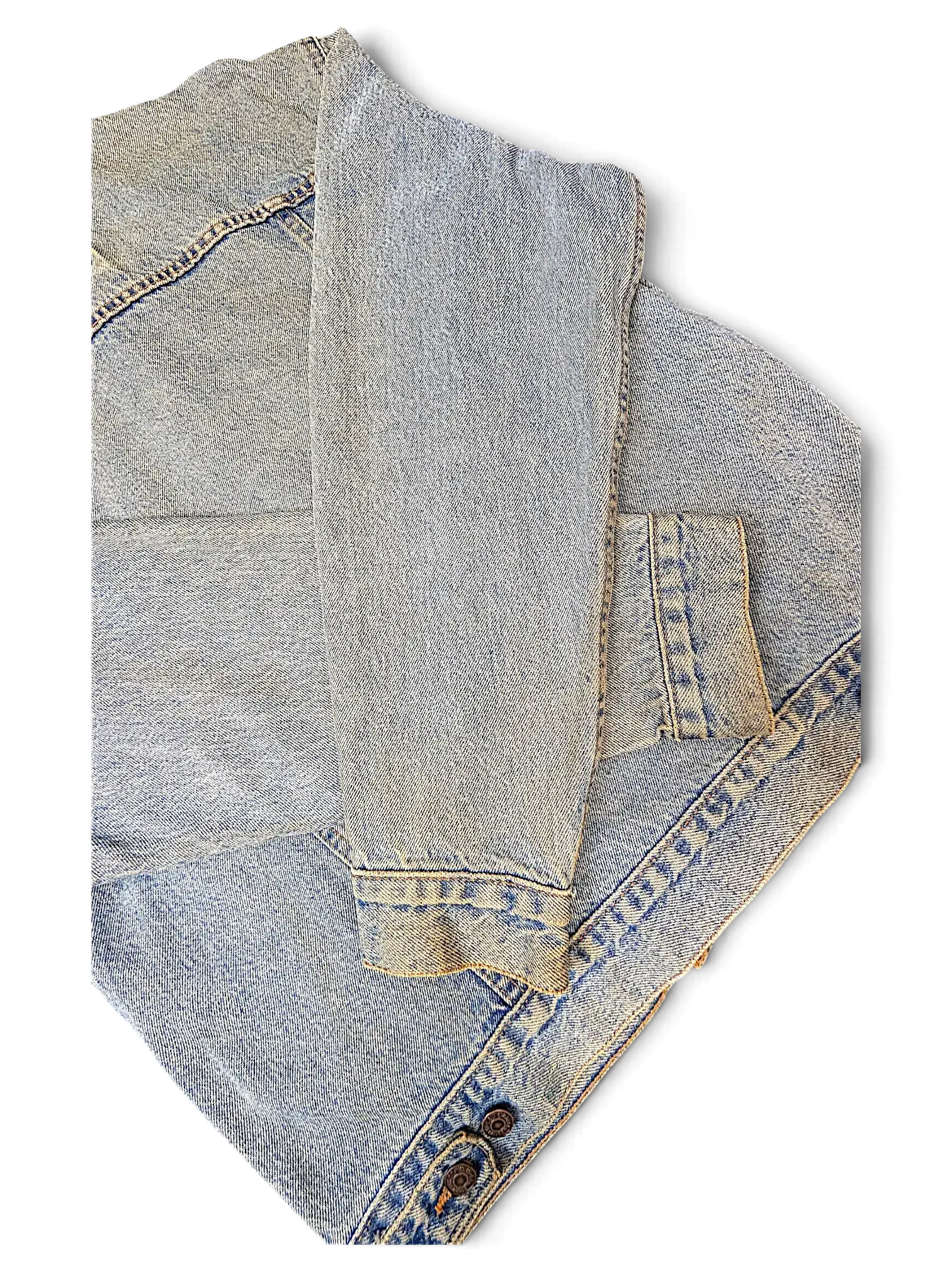 JAKE & IPI Levi's Strauss distressed light wash denim jacket with button cuffs and vintage aesthetic