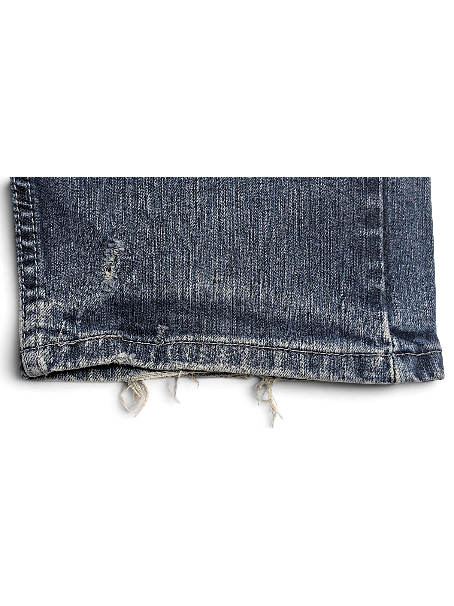 JAKE & IPI Levi’s 505 faded blue stretch denim jeans featuring a distressed frayed hem and worn-in texture.