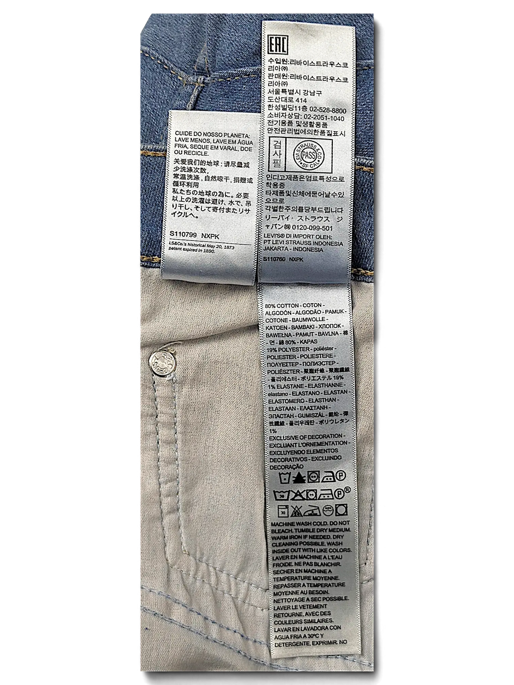 JAKE & IPI Levi's 726 flare jeans interior care and material label showing cotton and elastane blend composition