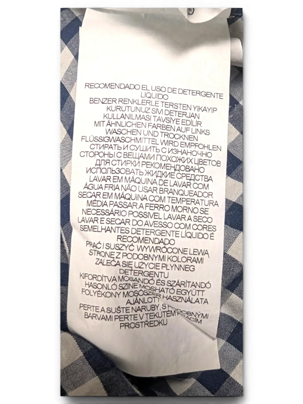 JAKE & IPI Levi's navy and white gingham shirt care label and fabric detail