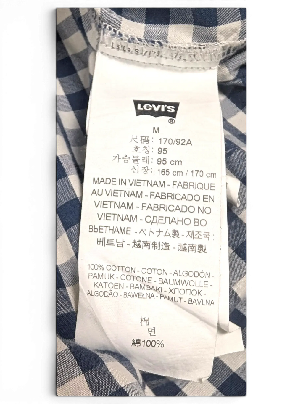 JAKE & IPI Levi's navy and white gingham cotton shirt care label and size tag