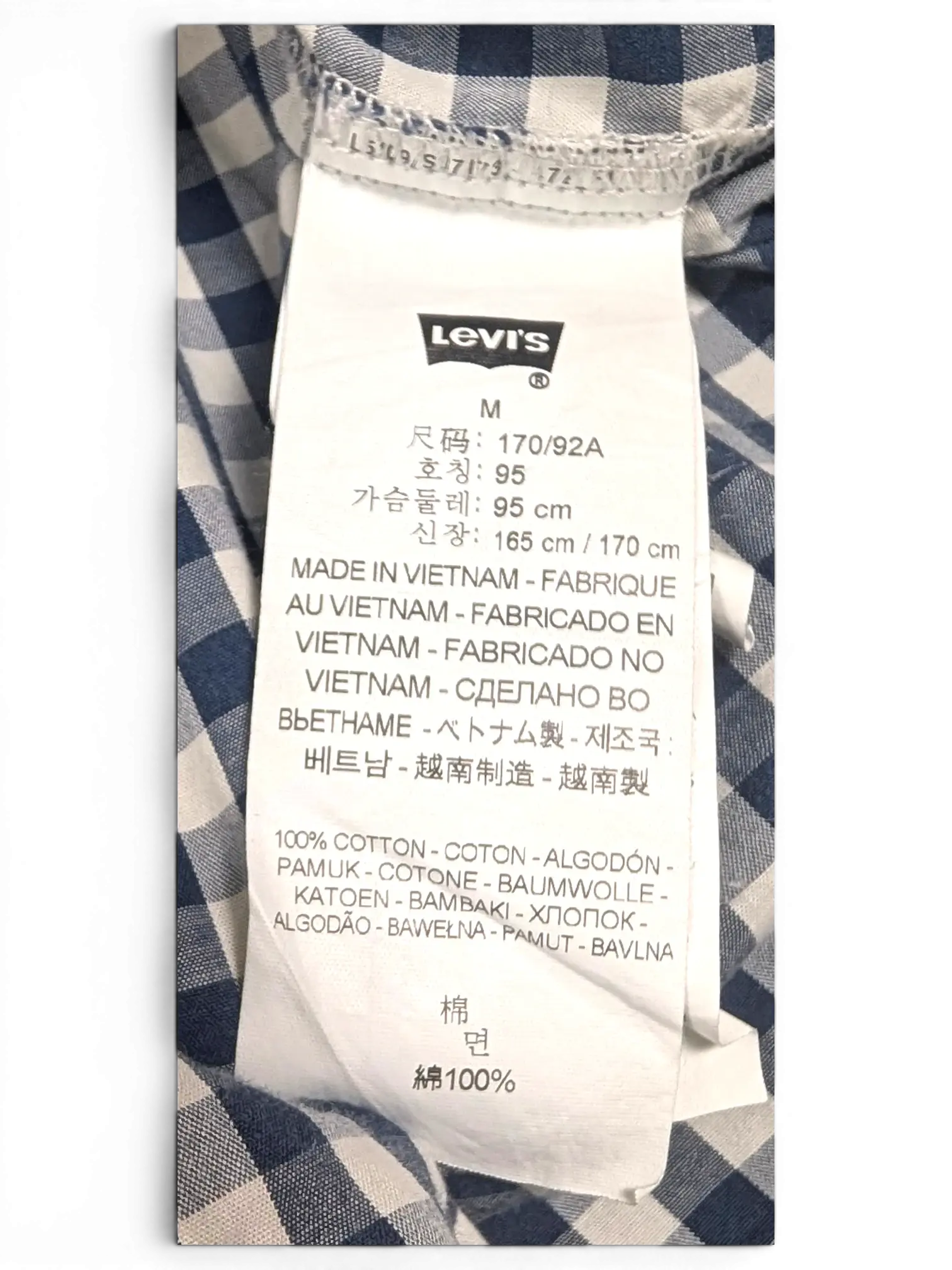 JAKE & IPI Levi's navy and white gingham cotton shirt care label and size tag