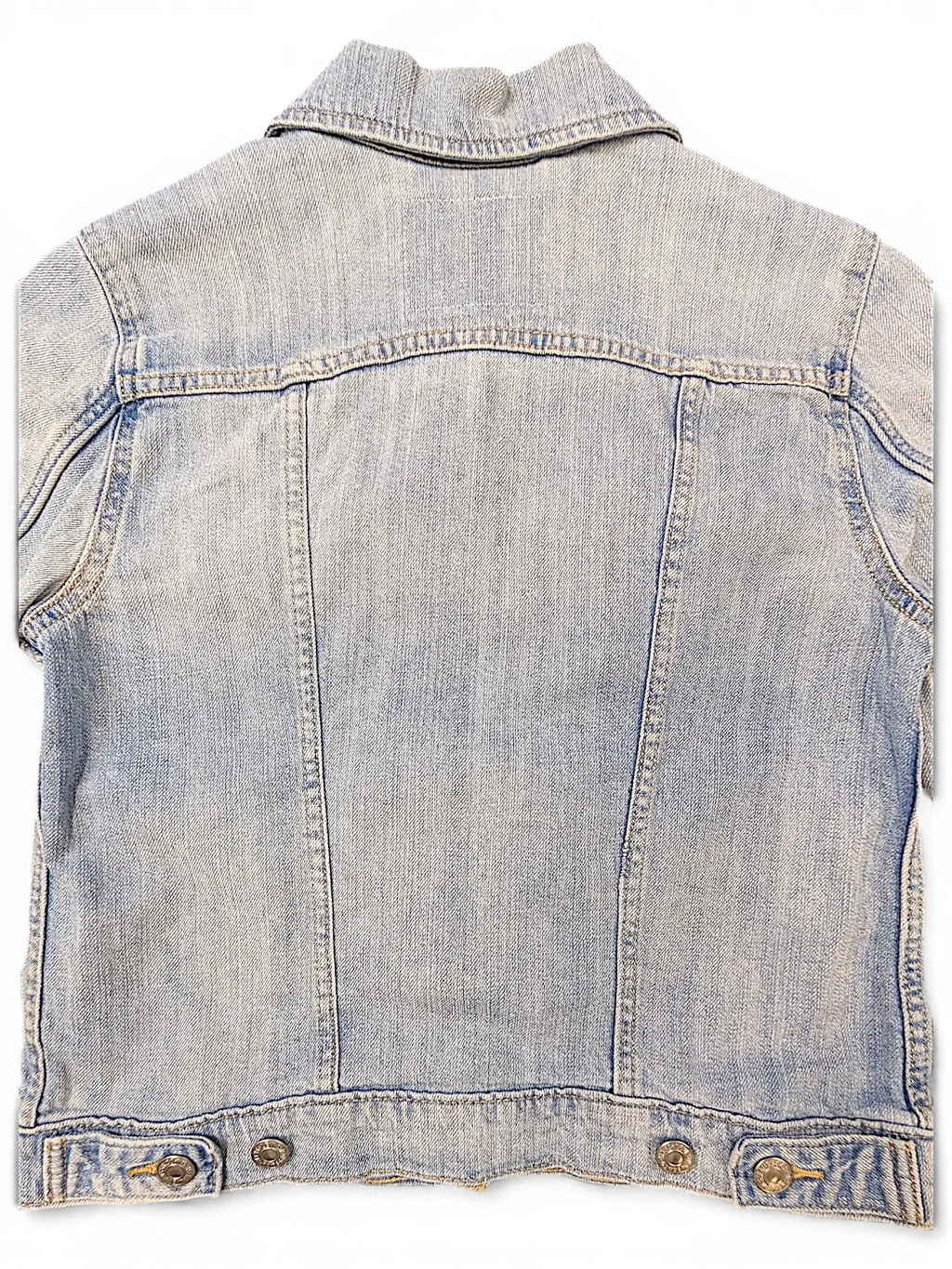 JAKE & IPI Levi's Strauss girls light wash denim jacket, back view showing classic collar and button hem detail.