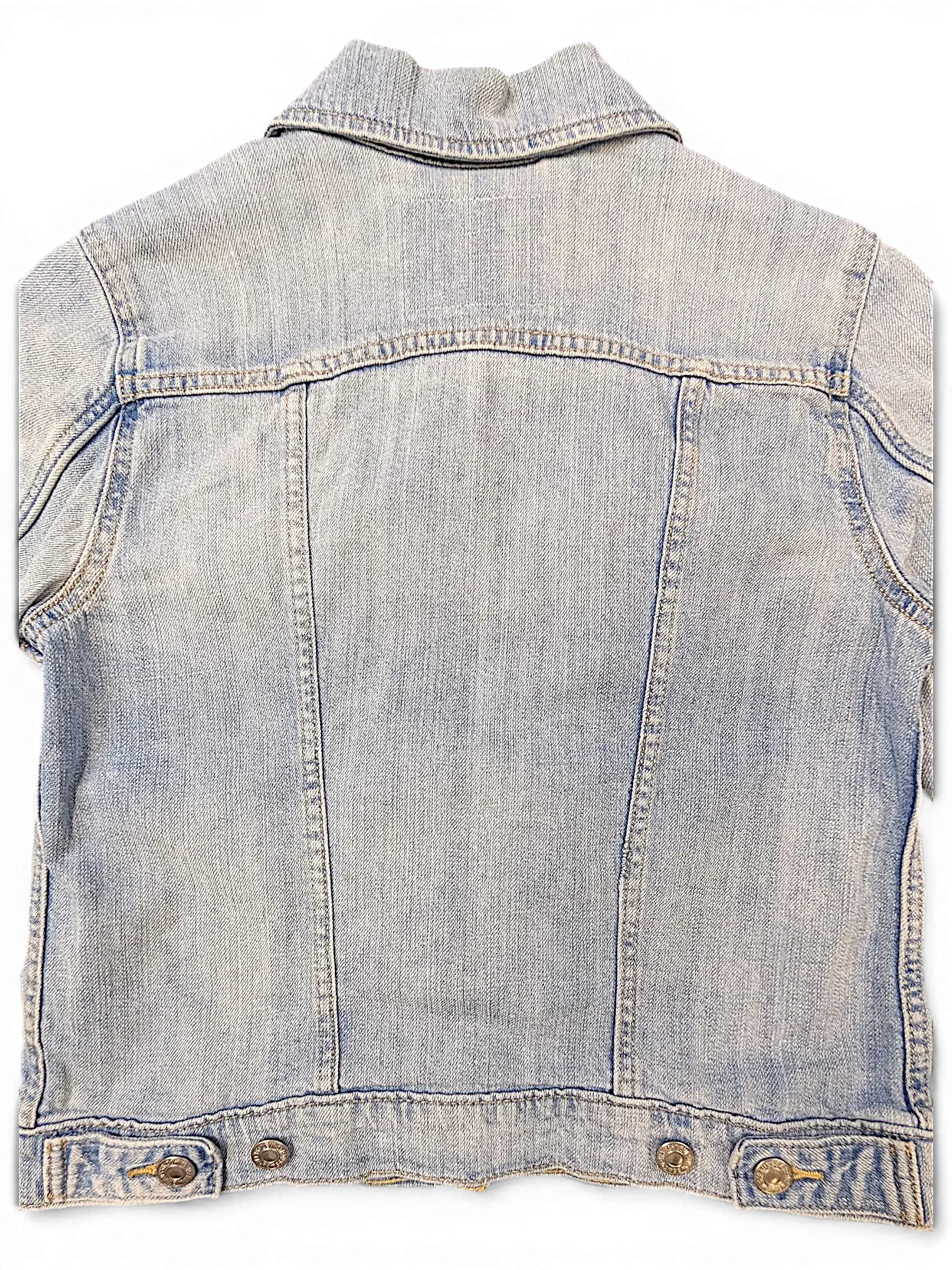JAKE & IPI Levi's Strauss girls light wash denim jacket, back view showing classic collar and button hem detail.