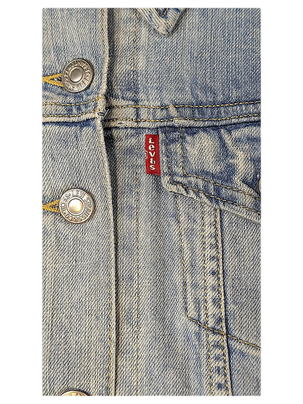 JAKE & IPI girls light wash denim jacket featuring silver metal buttons and a classic red Levi's brand tab