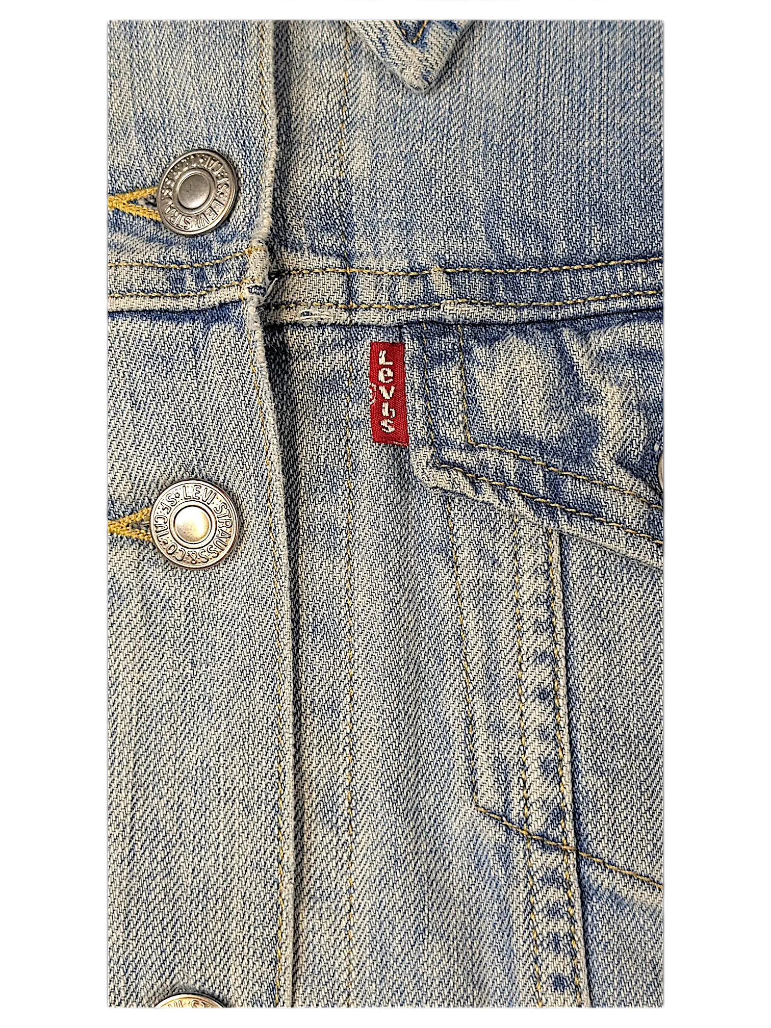 JAKE & IPI girls light wash denim jacket featuring silver metal buttons and a classic red Levi's brand tab