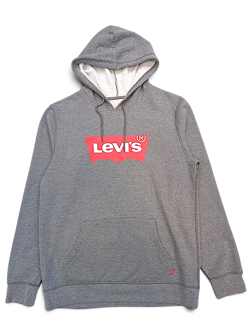JAKE & IPI grey Levi's hoodie featuring a red logo graphic on the chest, drawstring hood, and front kangaroo pocket.