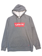 JAKE & IPI grey Levi's hoodie featuring a red logo graphic on the chest, drawstring hood, and front kangaroo pocket.
