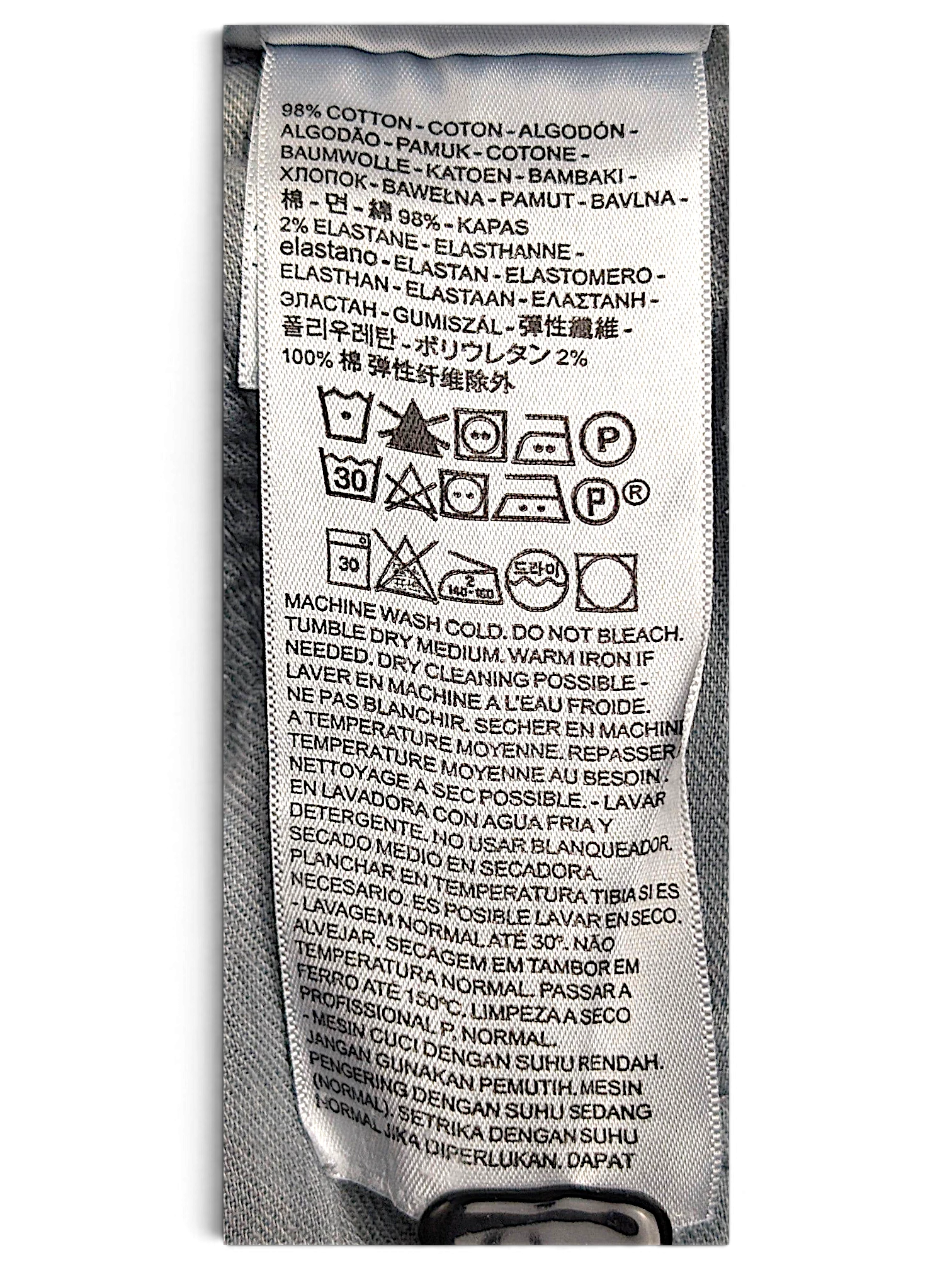 JAKE & IPI Levi’s 505 jeans care label showing 98% cotton and 2% elastane composition with laundry instructions