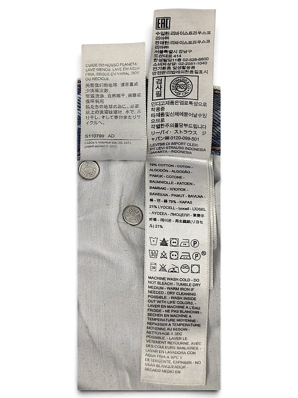 JAKE & IPI Levi's jeans interior care label showing fabric composition of cotton and lyocell with washing instructions