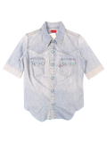 JAKE & IPI pre-owned Levi's light blue denim western shirt with short sleeves and turquoise snap buttons.