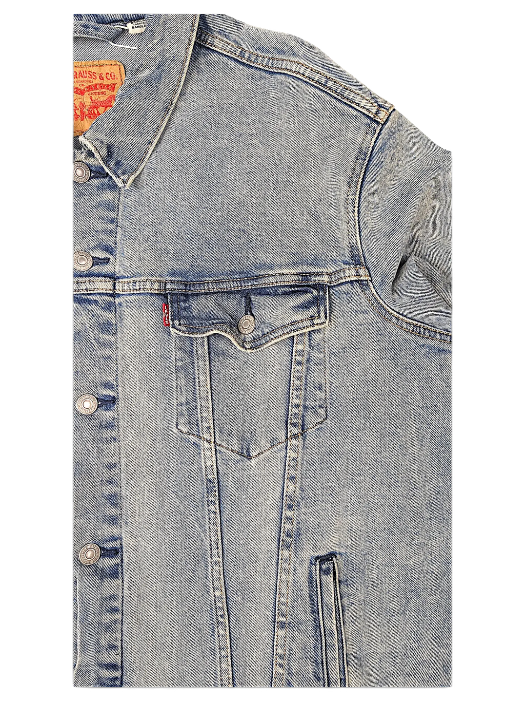 JAKE & IPI Levi's 5198 light wash blue denim jacket featuring a classic collar, button-up front, and chest pockets.