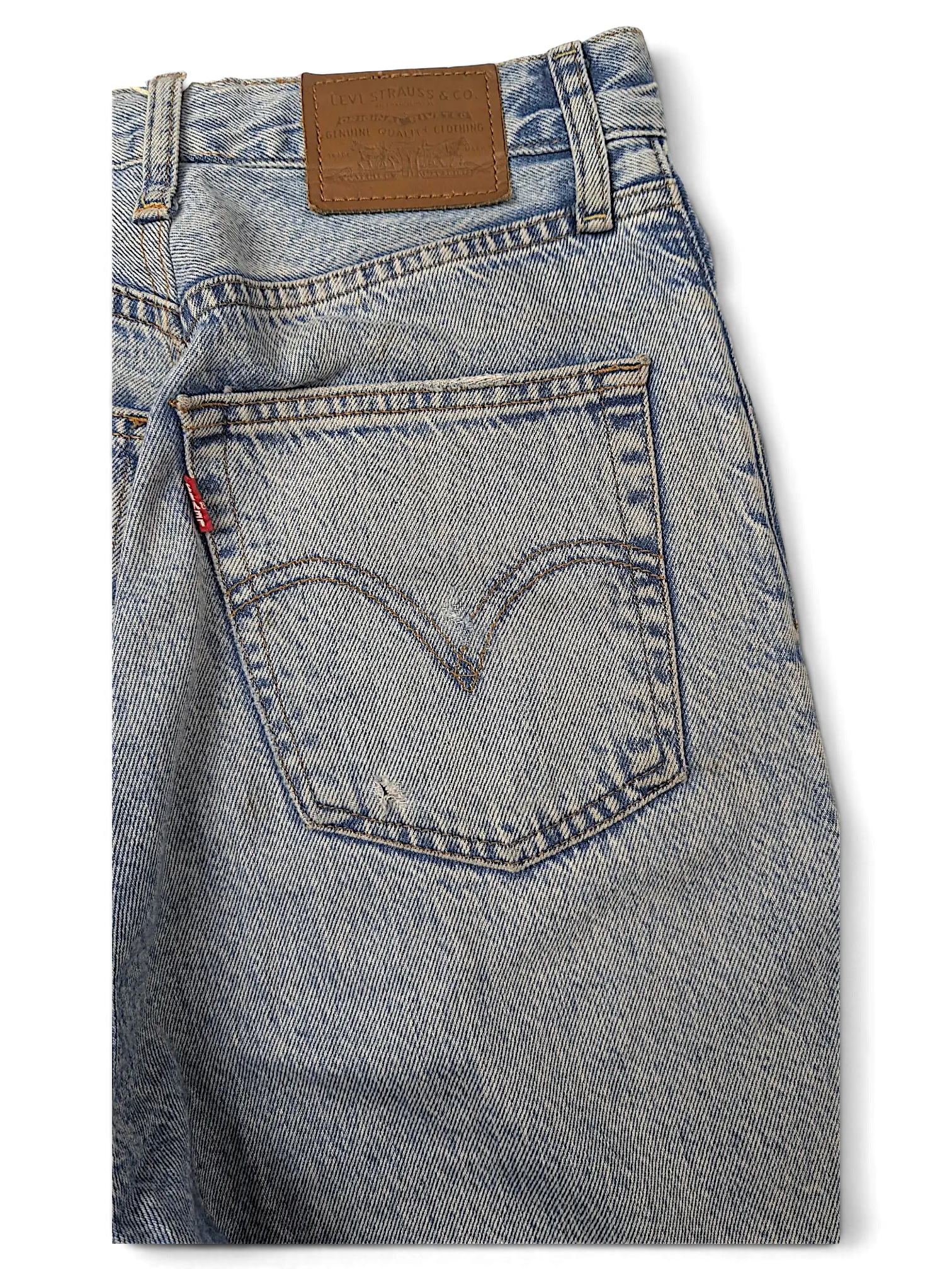 JAKE & IPI Levi's light wash denim jeans featuring a classic five-pocket design and leather back patch.