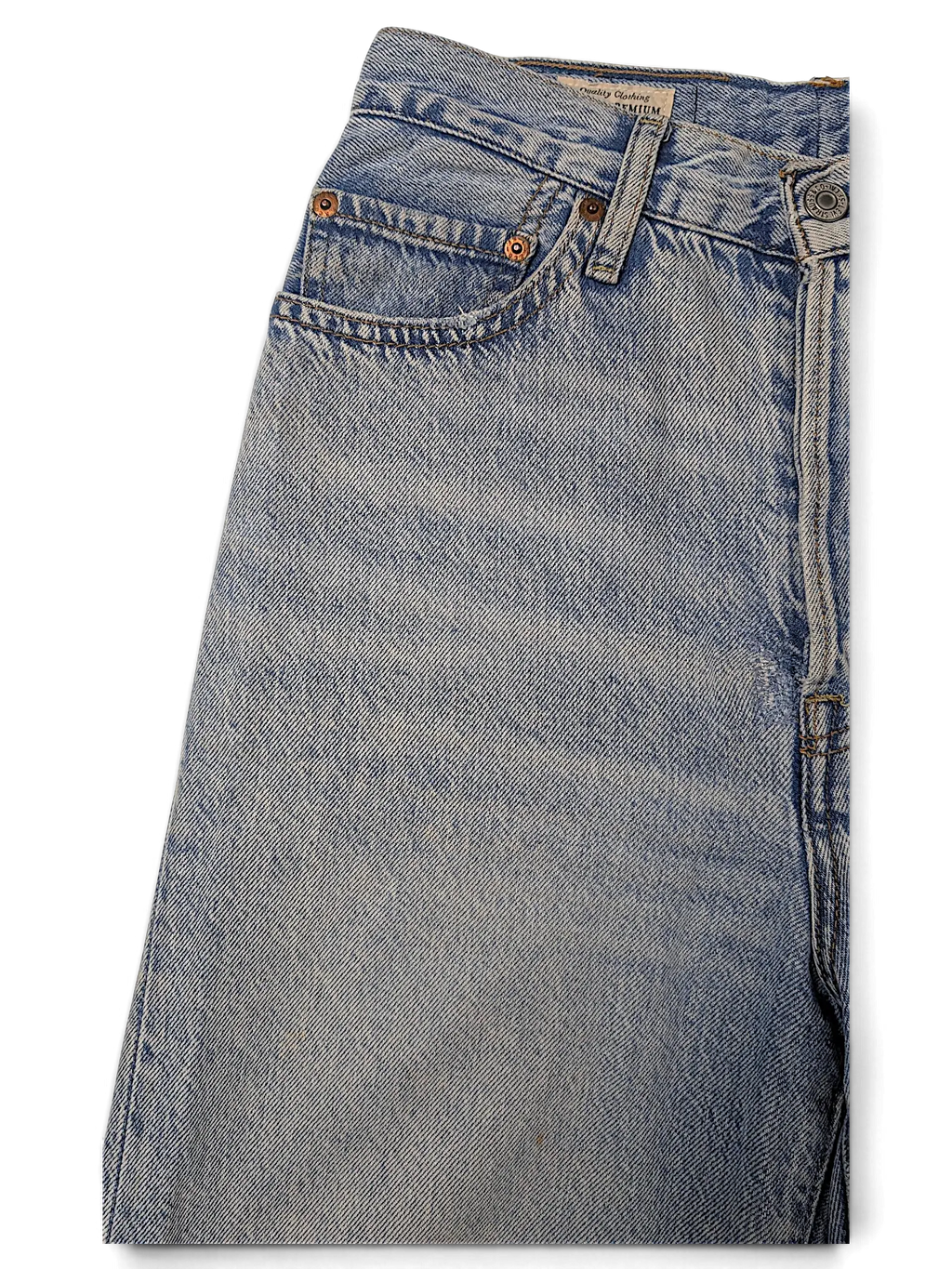 JAKE & IPI Levi's light wash denim jeans featuring a classic five-pocket construction and copper rivets.