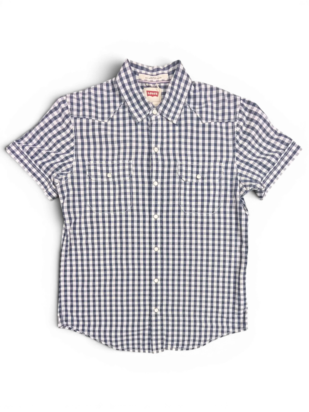 JAKE & IPI pre-owned navy and white gingham short sleeve shirt with snap-flap chest pockets