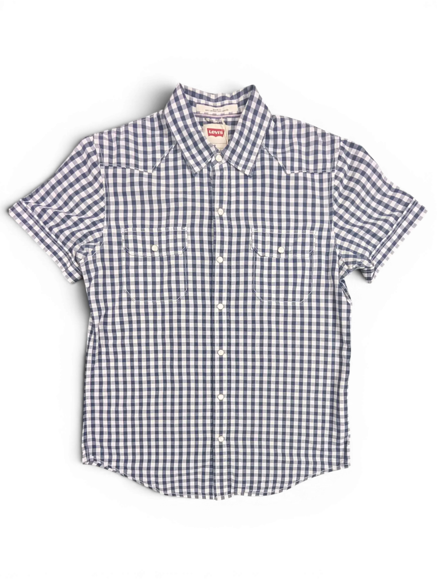 JAKE & IPI pre-owned navy and white gingham short sleeve shirt with snap-flap chest pockets