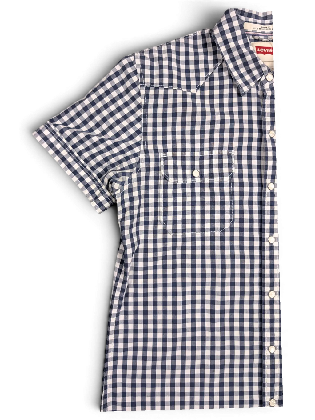 JAKE & IPI pre-owned Levi's navy and white gingham short sleeve shirt with snap-flap chest pocket