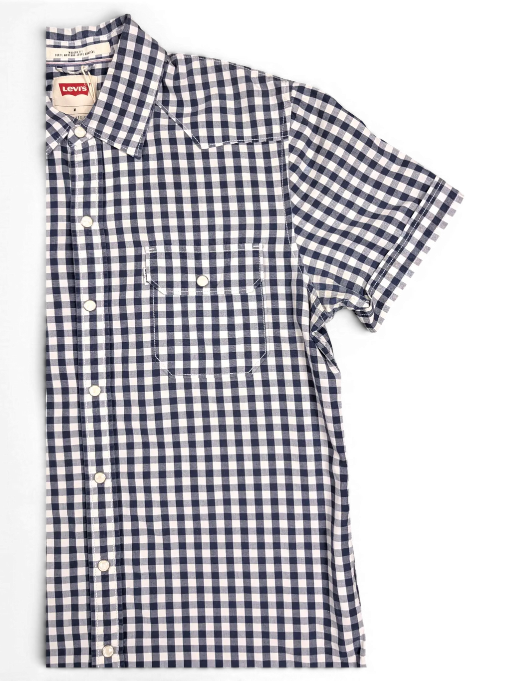 JAKE & IPI pre-owned Levi's navy and white gingham short sleeve shirt with snap-flap chest pocket