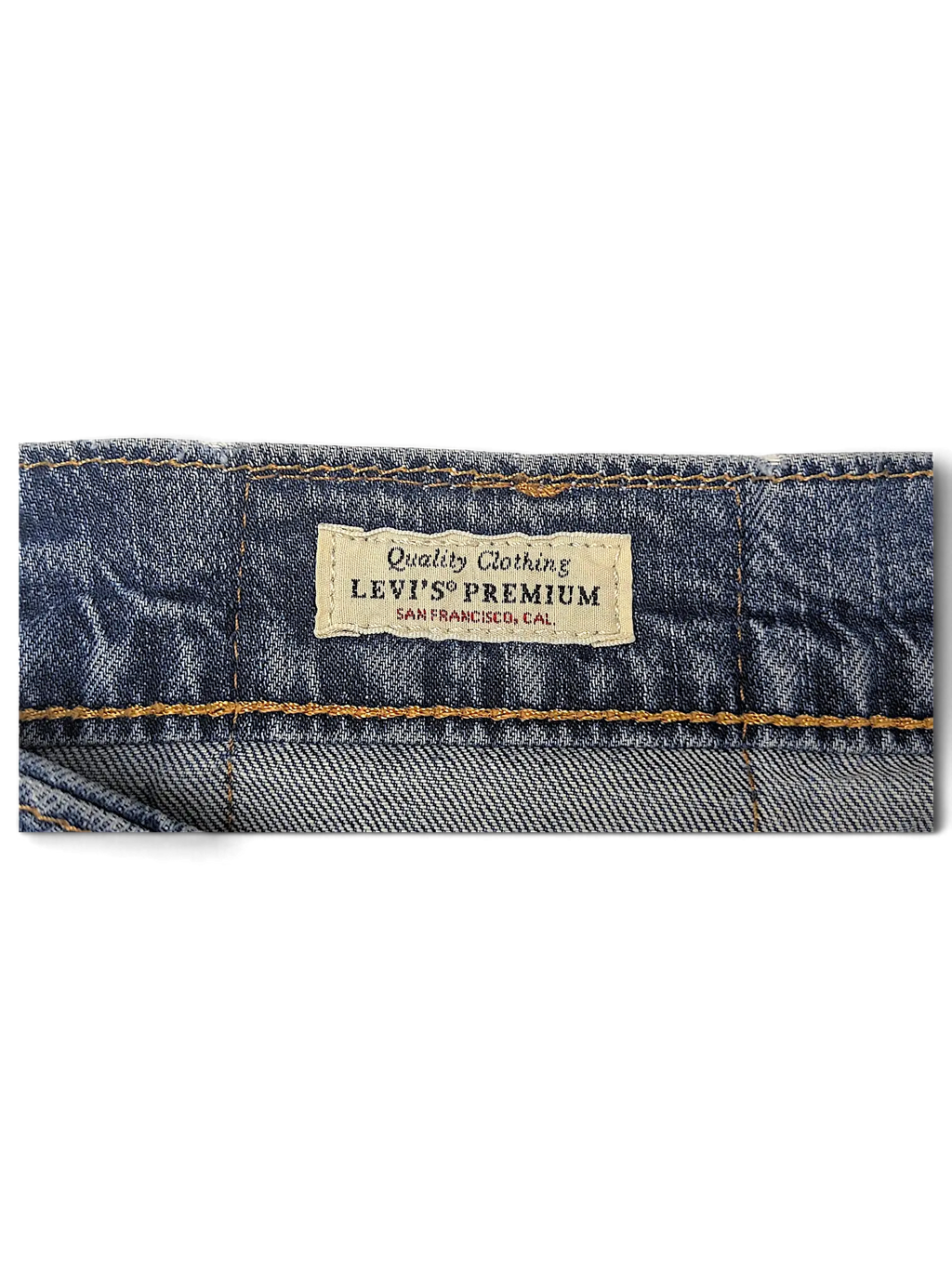 JAKE & IPI Levi's Premium blue denim jeans waistband with interior brand label and contrast stitching