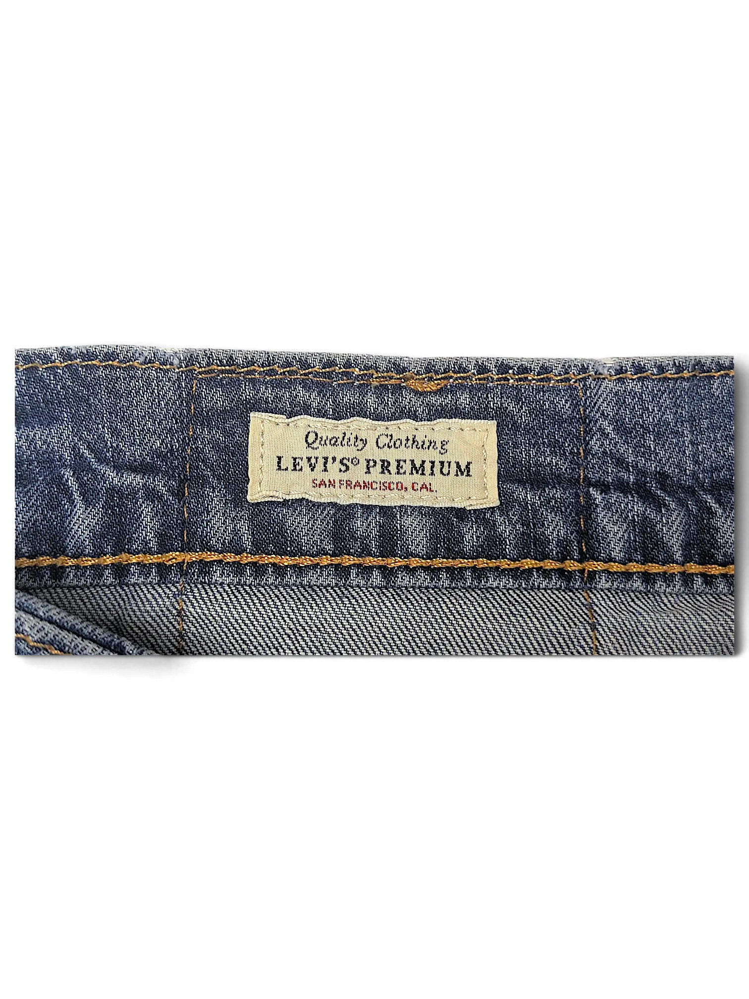 JAKE & IPI Levi's Premium blue denim jeans waistband with interior brand label and contrast stitching