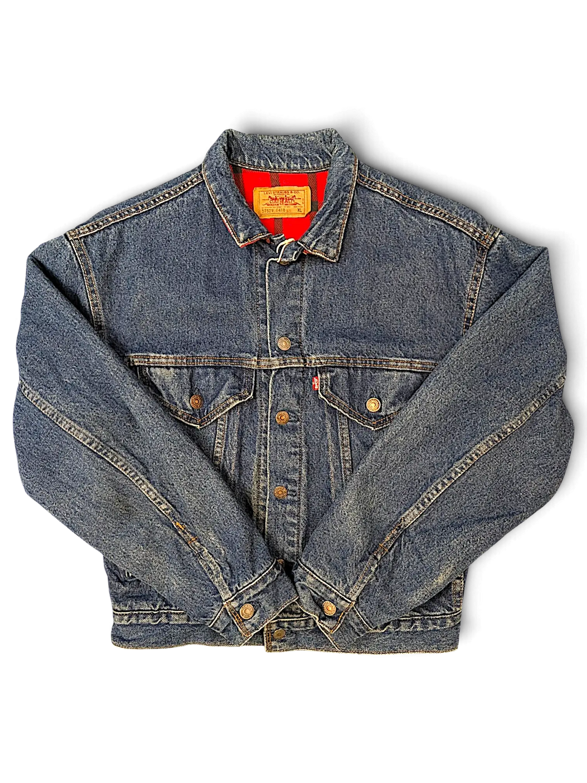 JAKE & IPI Levi's denim jacket with a red plaid quilted lining, featuring button-up front and dual chest pockets.