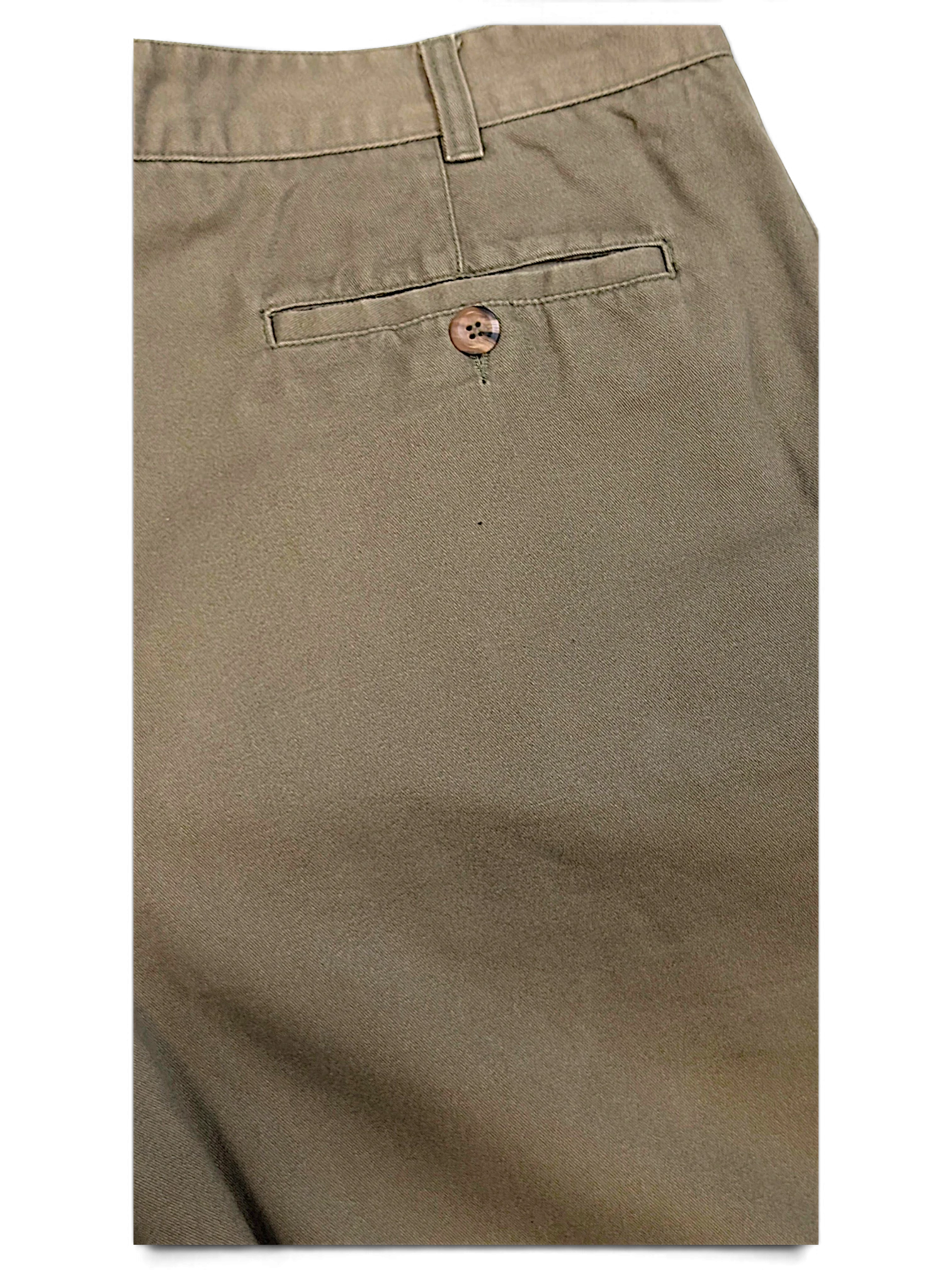 JAKE & IPI Liberty vintage olive green pleated trousers featuring a single buttoned back pocket detail.