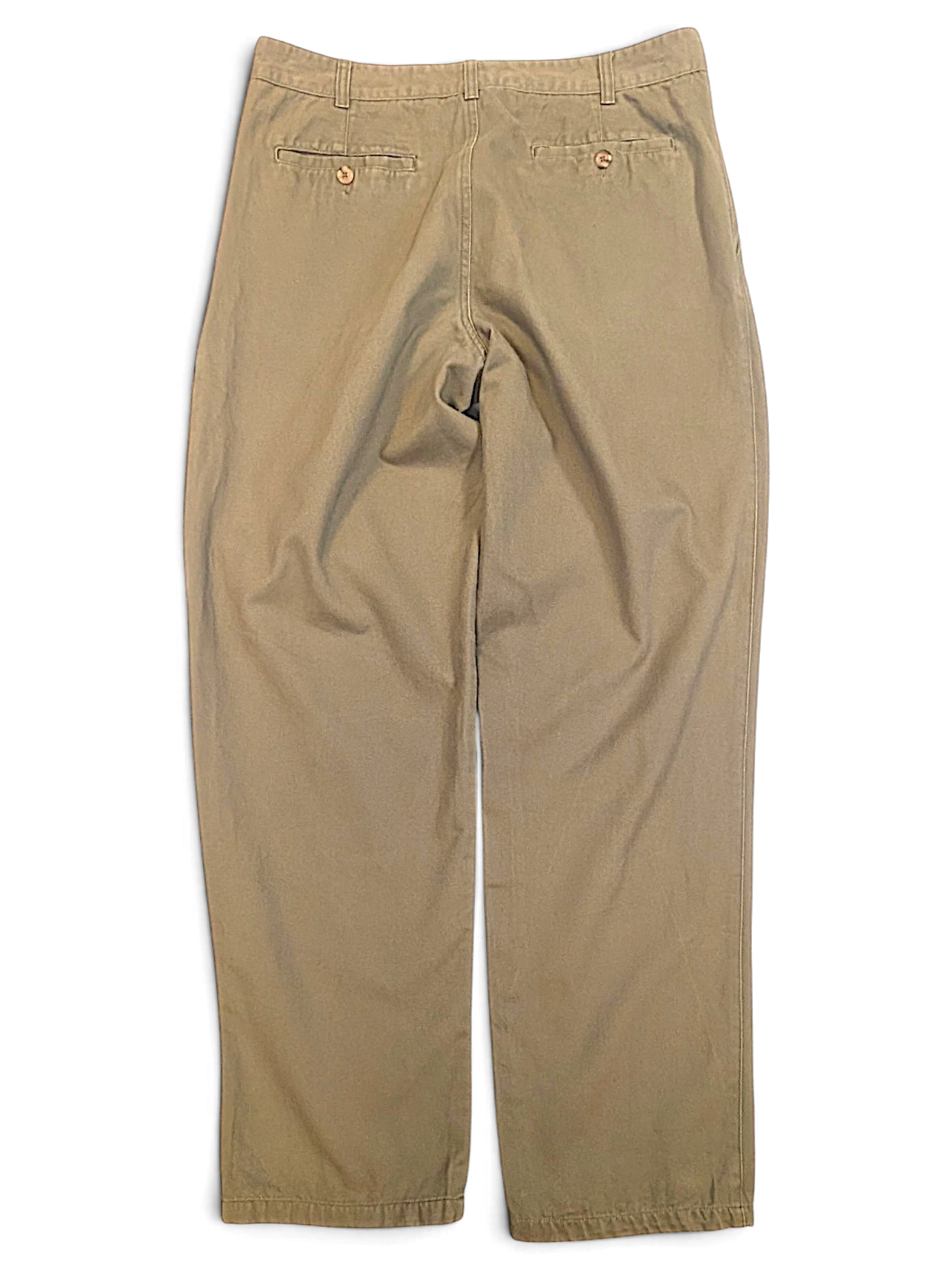 JAKE & IPI Liberty vintage olive green pleated trousers, back view showing straight leg fit and buttoned pockets.