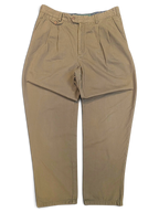 JAKE & IPI Liberty vintage olive green pleated trousers with a straight leg and button detail on the waistband.