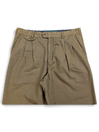 JAKE & IPI Liberty vintage olive green pleated trousers with a straight leg and plaid waistband lining.