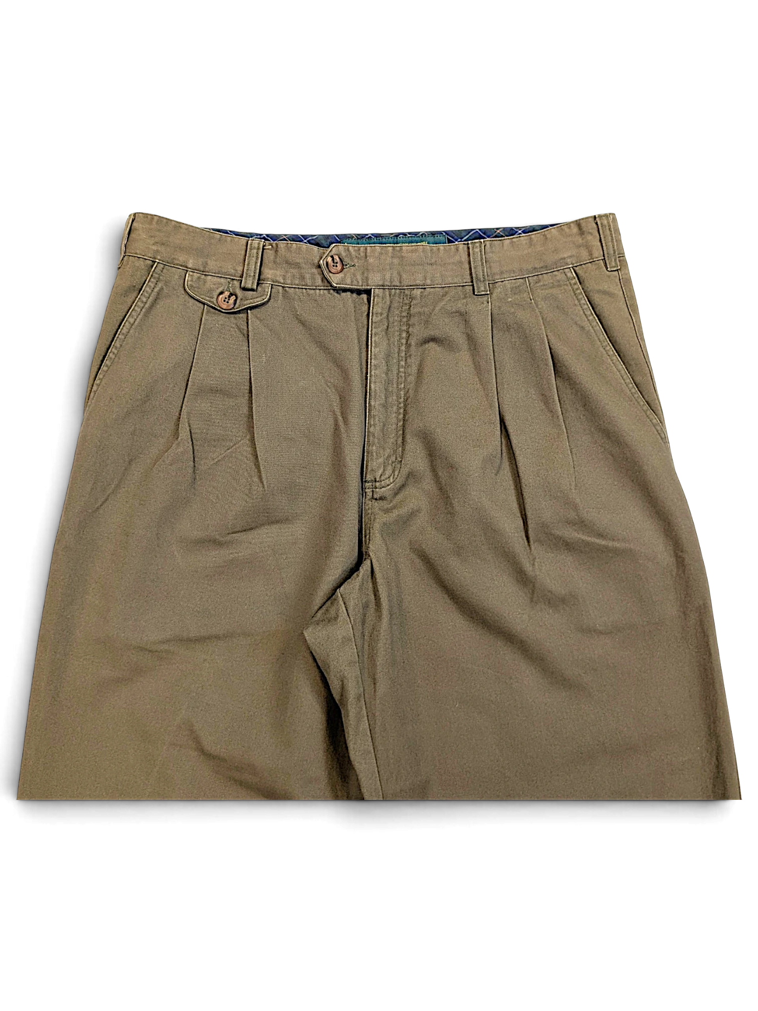 JAKE & IPI Liberty vintage olive green pleated trousers with a straight leg and plaid waistband lining.