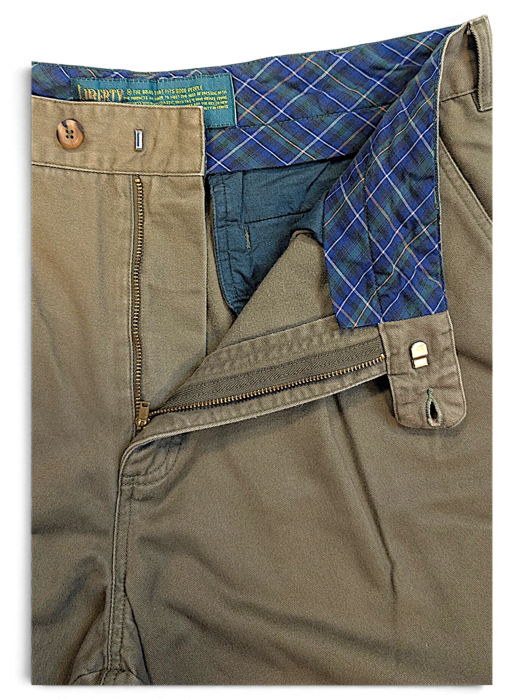 JAKE & IPI Liberty olive green pleated trousers featuring a plaid waistband lining and metal zipper closure
