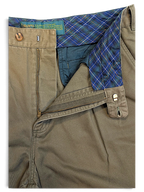 JAKE & IPI Liberty olive green pleated trousers featuring a plaid waistband lining and metal zipper closure