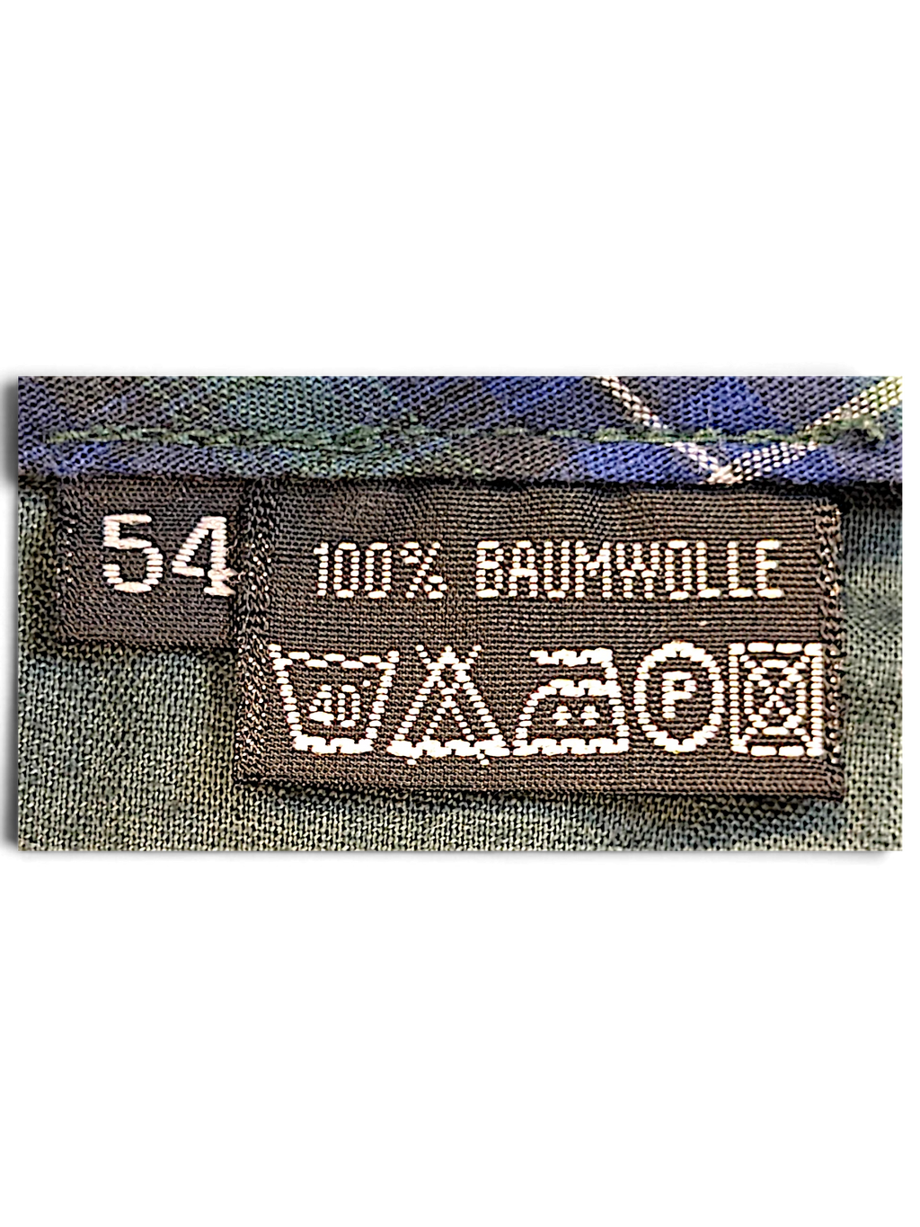 JAKE & IPI Liberty olive green trousers size 54 label showing 100 percent cotton composition and care instructions