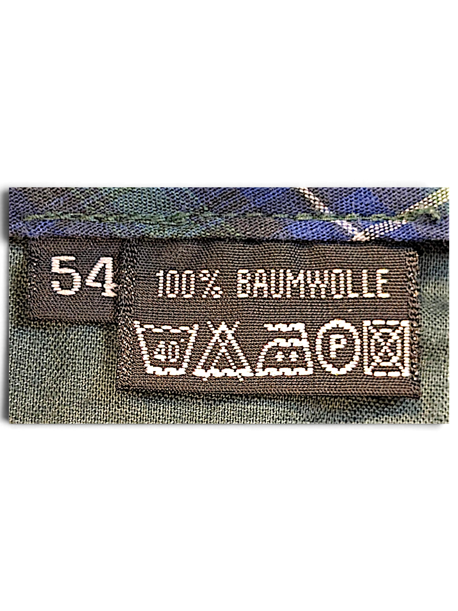 JAKE & IPI Liberty olive green trousers size 54 label showing 100 percent cotton composition and care instructions