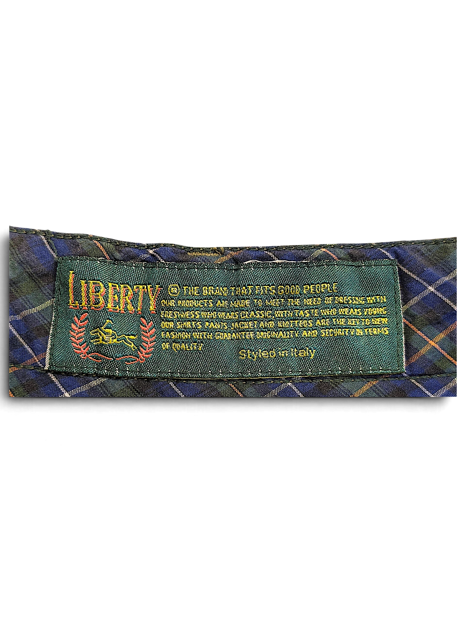 JAKE & IPI Liberty olive green trousers interior brand label with plaid lining and Italian styling details