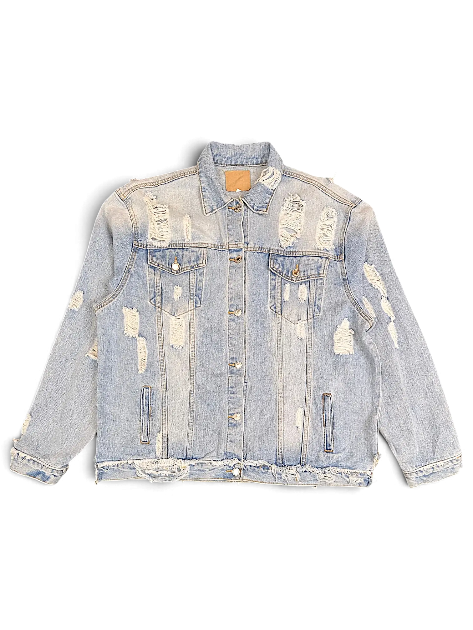 JAKE & IPI light wash distressed denim jacket with frayed hem and ripped detailing
