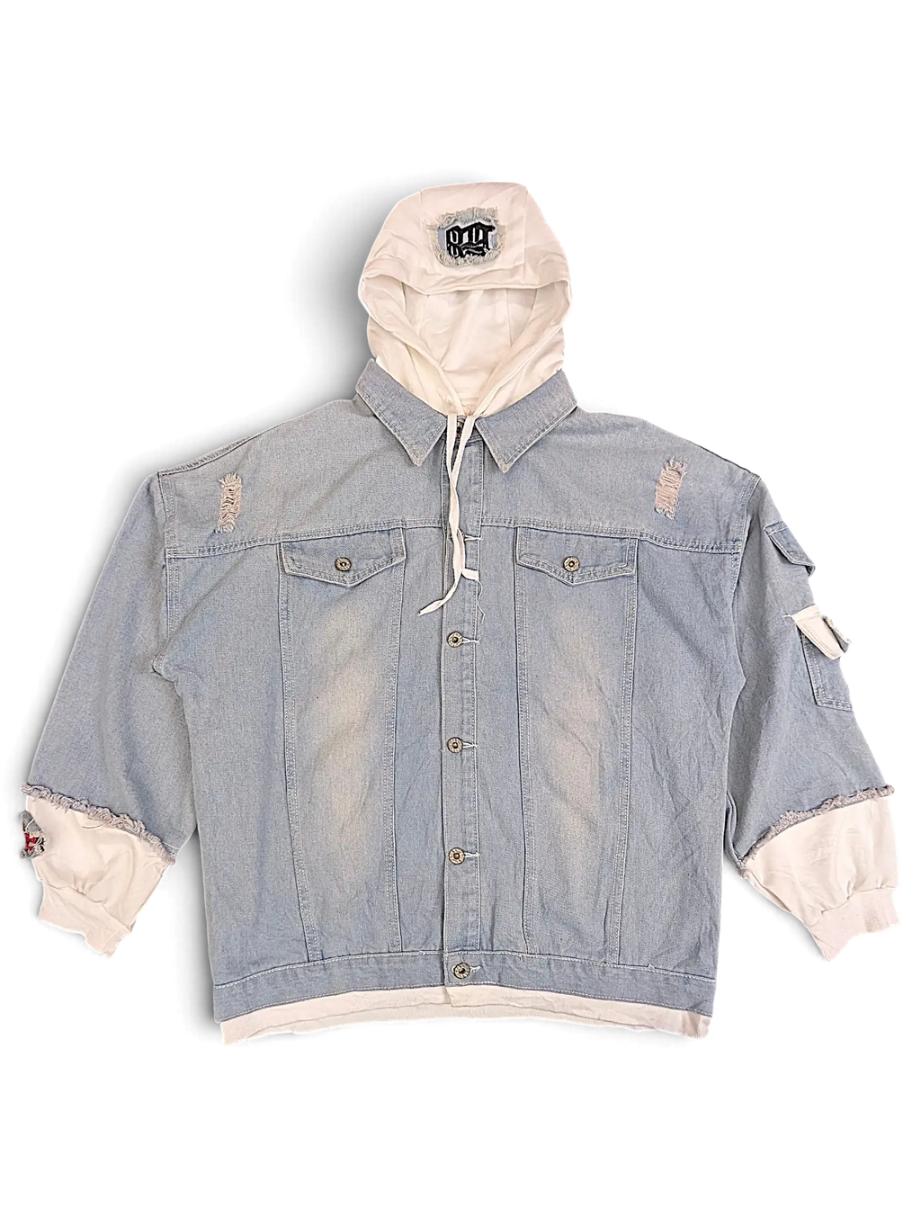 JAKE & IPI light wash denim jacket with white attached hood, distressed details, and button-up front closure.