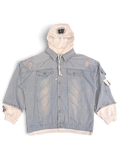 JAKE & IPI light wash denim jacket with white attached hood, distressed details, and button-up front closure.