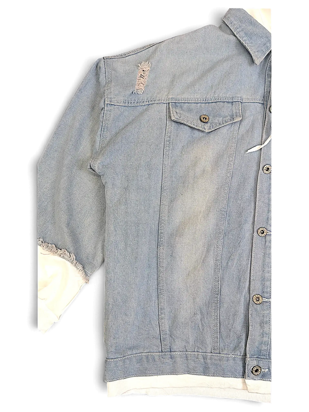 JAKE & IPI light wash denim jacket with distressed detailing, button front, and white hooded layer