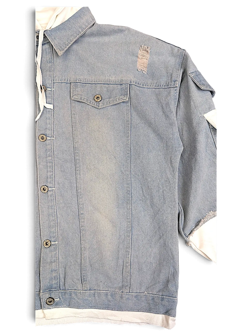 JAKE & IPI light wash denim jacket with distressed details, button front, and a white attached hood and sleeve cuffs.
