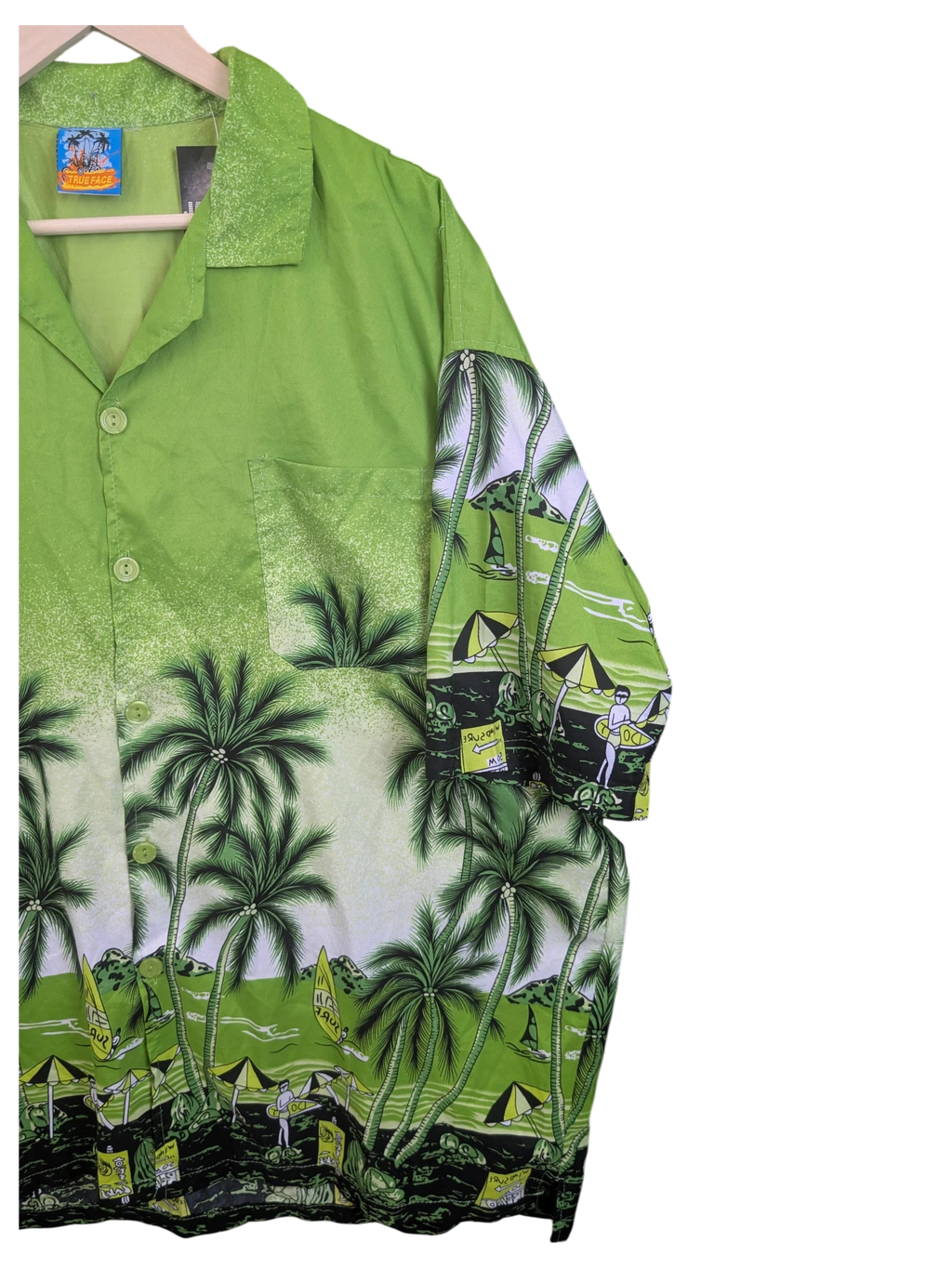 JAKE & IPI True Face lime green Hawaiian shirt with tropical palm tree and beach print, featuring a chest pocket.
