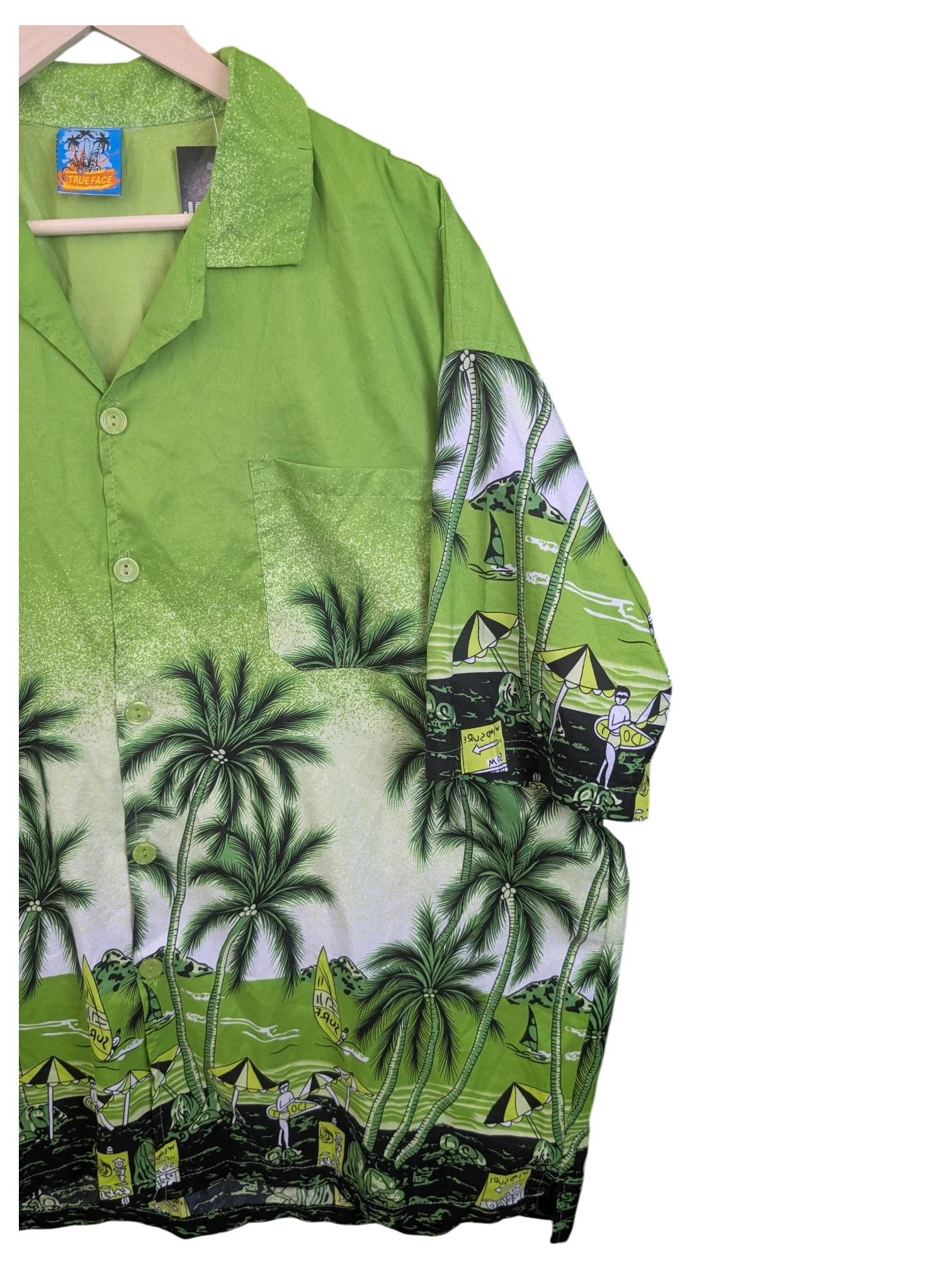 JAKE & IPI True Face lime green Hawaiian shirt with tropical palm tree and beach print, featuring a chest pocket.