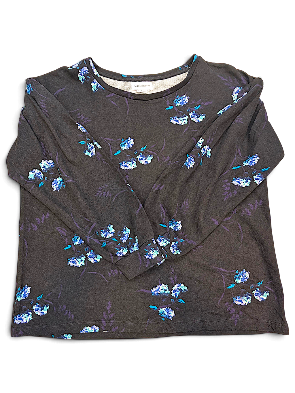 JAKE & IPI LizClaiborne College long sleeve top in black with a blue floral print and a comfortable crew neckline.
